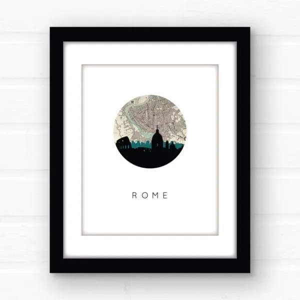 Rome city skyline with vintage Rome map