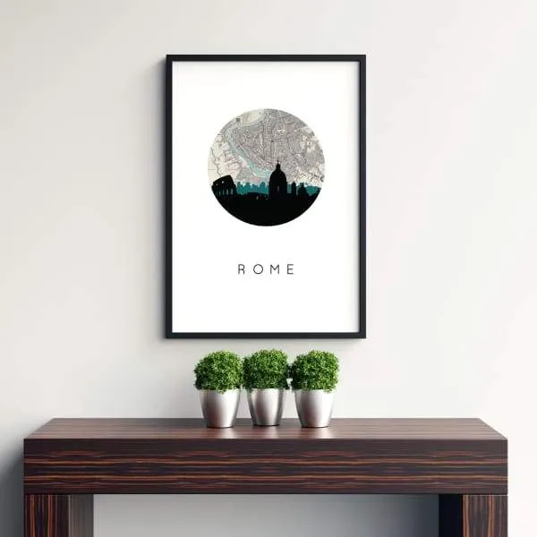 Rome city skyline with vintage Rome map