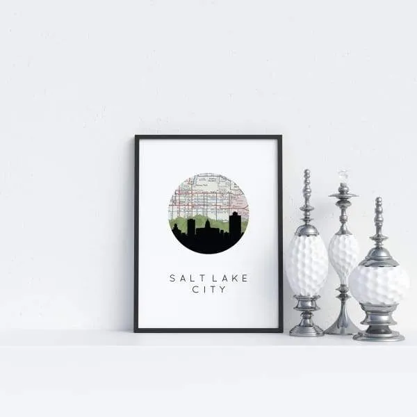 Salt Lake City, Utah city skyline with vintage Salt Lake City map