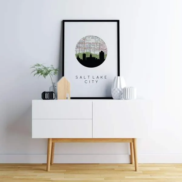 Salt Lake City, Utah city skyline with vintage Salt Lake City map
