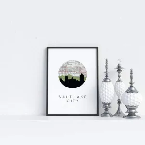 Salt Lake City, Utah city skyline with vintage Salt Lake City map
