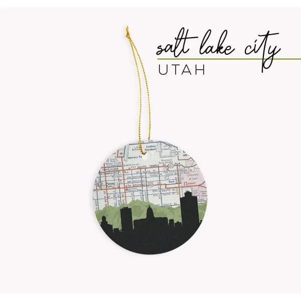 Salt Lake City, Utah city skyline with vintage Salt Lake City map
