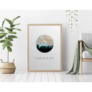 San Diego, California city skyline with vintage San Diego map