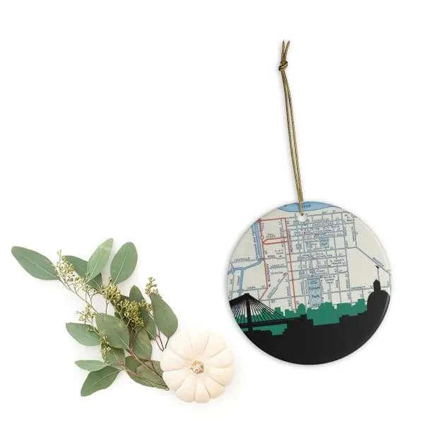 Savannah, Georgia city skyline with vintage Savannah map