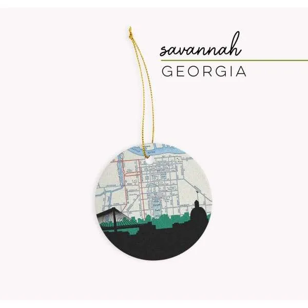 Savannah, Georgia city skyline with vintage Savannah map