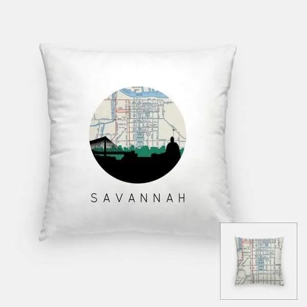 Savannah, Georgia city skyline with vintage Savannah map