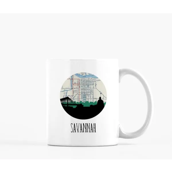 Savannah, Georgia city skyline with vintage Savannah map