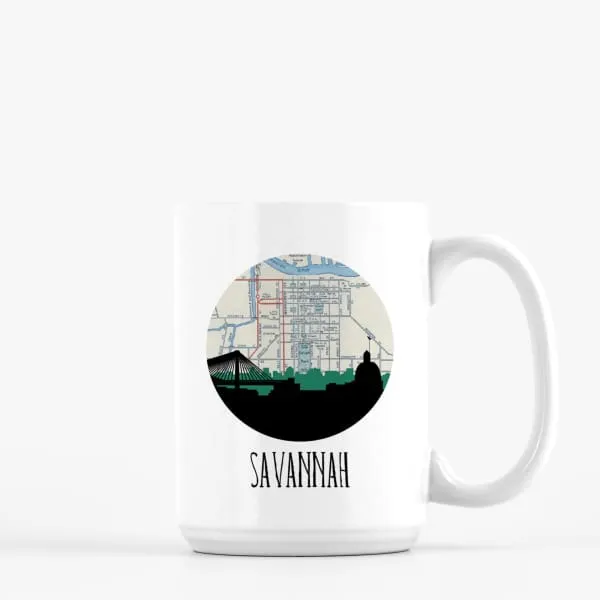 Savannah, Georgia city skyline with vintage Savannah map
