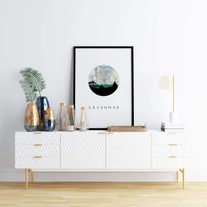 Savannah, Georgia city skyline with vintage Savannah map
