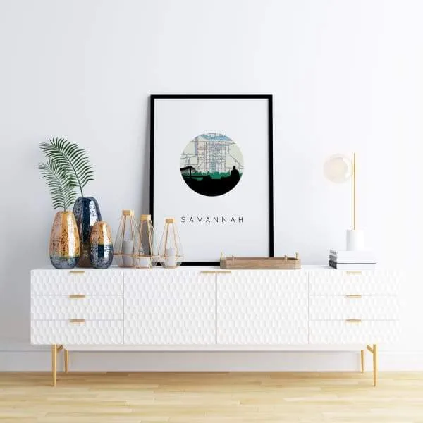 Savannah, Georgia city skyline with vintage Savannah map