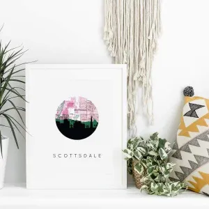 Scottsdale, Arizona city skyline with vintage Scottsdale map