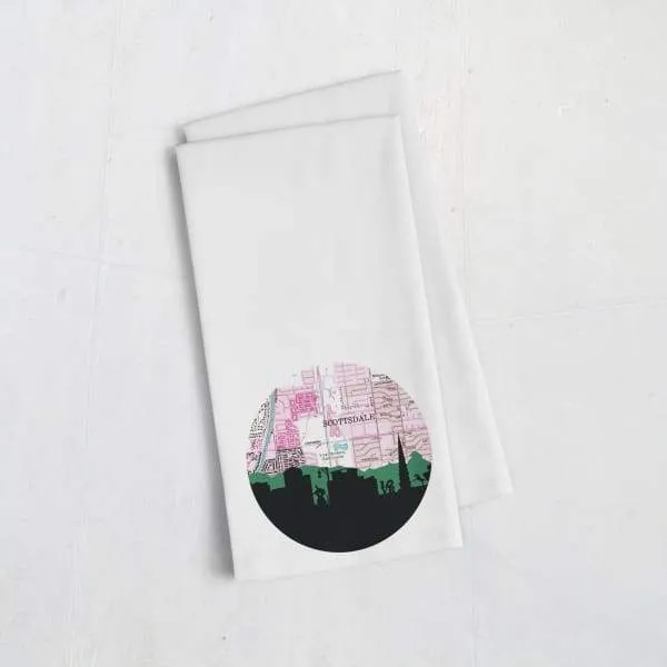 Scottsdale, Arizona city skyline with vintage Scottsdale map