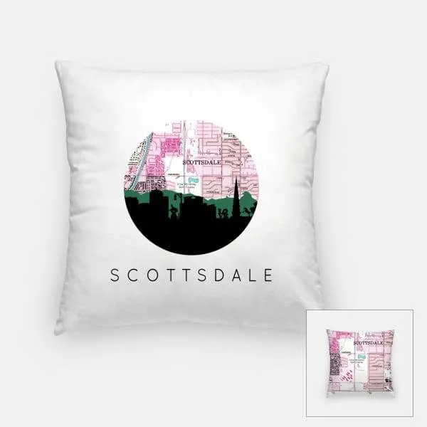 Scottsdale, Arizona city skyline with vintage Scottsdale map