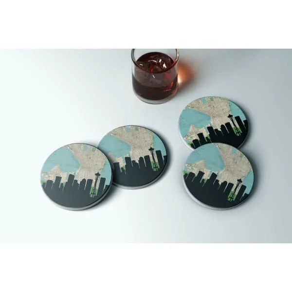 Seattle, Washington city skyline with vintage Seattle map