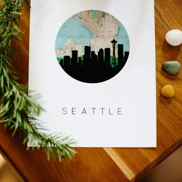 Seattle, Washington city skyline with vintage Seattle map