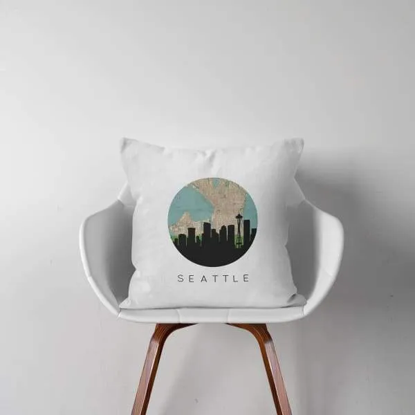 Seattle, Washington city skyline with vintage Seattle map