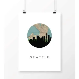 Seattle, Washington city skyline with vintage Seattle map