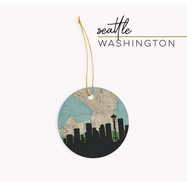 Seattle, Washington city skyline with vintage Seattle map