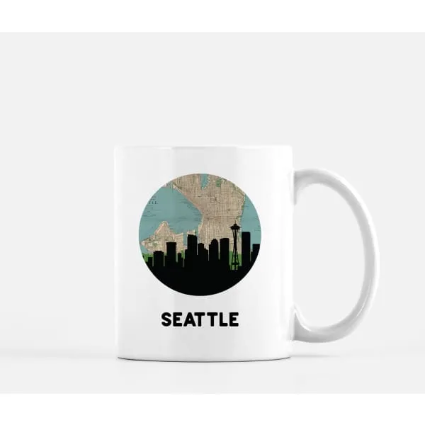 Seattle, Washington city skyline with vintage Seattle map