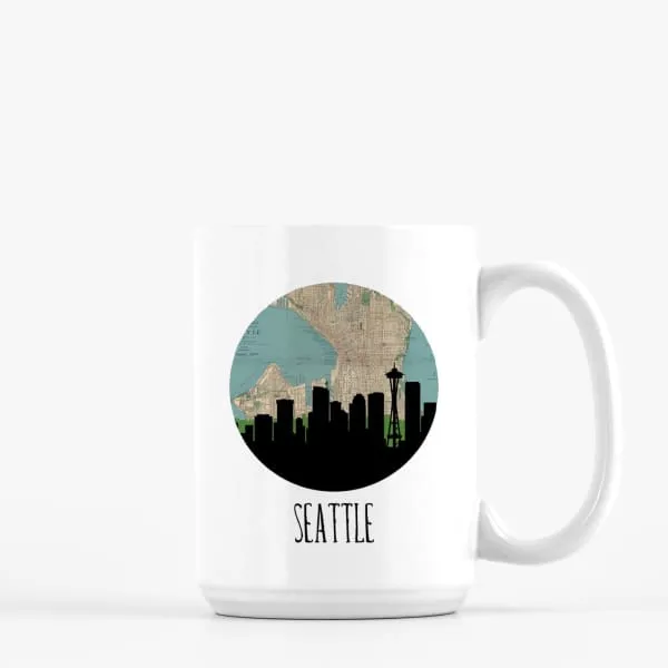 Seattle, Washington city skyline with vintage Seattle map