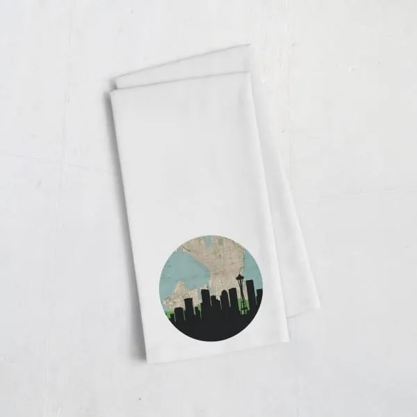 Seattle, Washington city skyline with vintage Seattle map