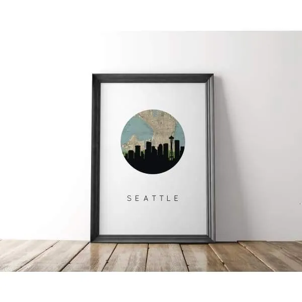 Seattle, Washington city skyline with vintage Seattle map