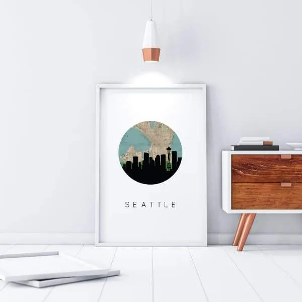 Seattle, Washington city skyline with vintage Seattle map