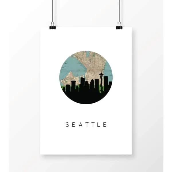 Seattle, Washington city skyline with vintage Seattle map