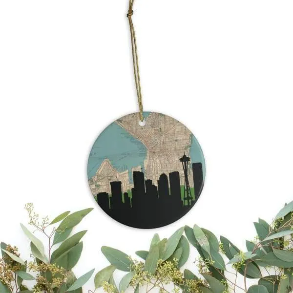 Seattle, Washington city skyline with vintage Seattle map