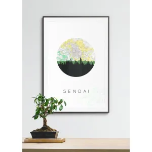 Sendai, Japan city skyline with vintage Sendai map