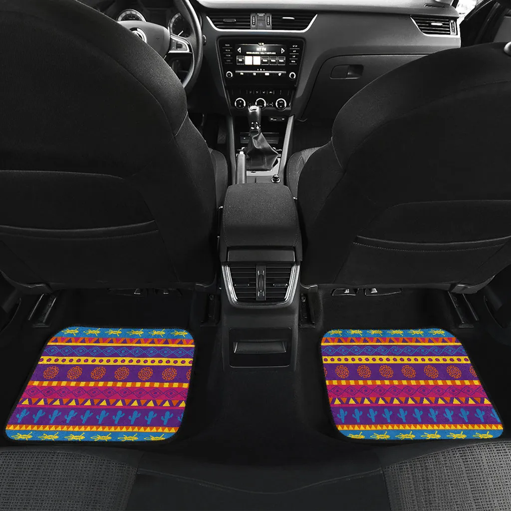 Set of 4 Floor Mats Colorful Mexican Southwestern Style Rainbow Pattern Cactus Lizards