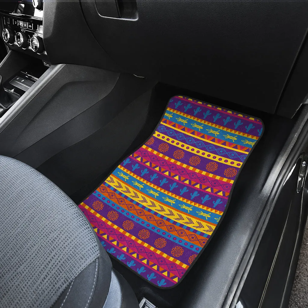 Set of 4 Floor Mats Colorful Mexican Southwestern Style Rainbow Pattern Cactus Lizards