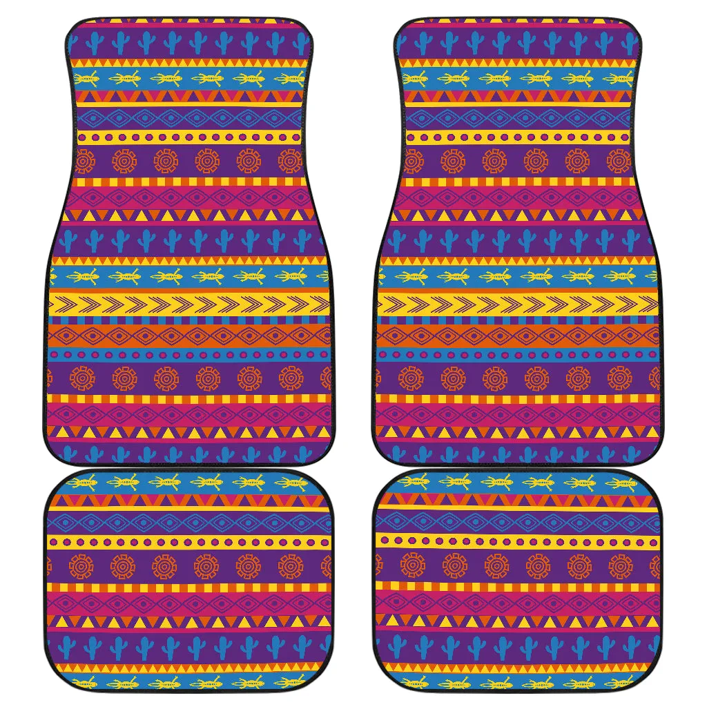 Set of 4 Floor Mats Colorful Mexican Southwestern Style Rainbow Pattern Cactus Lizards