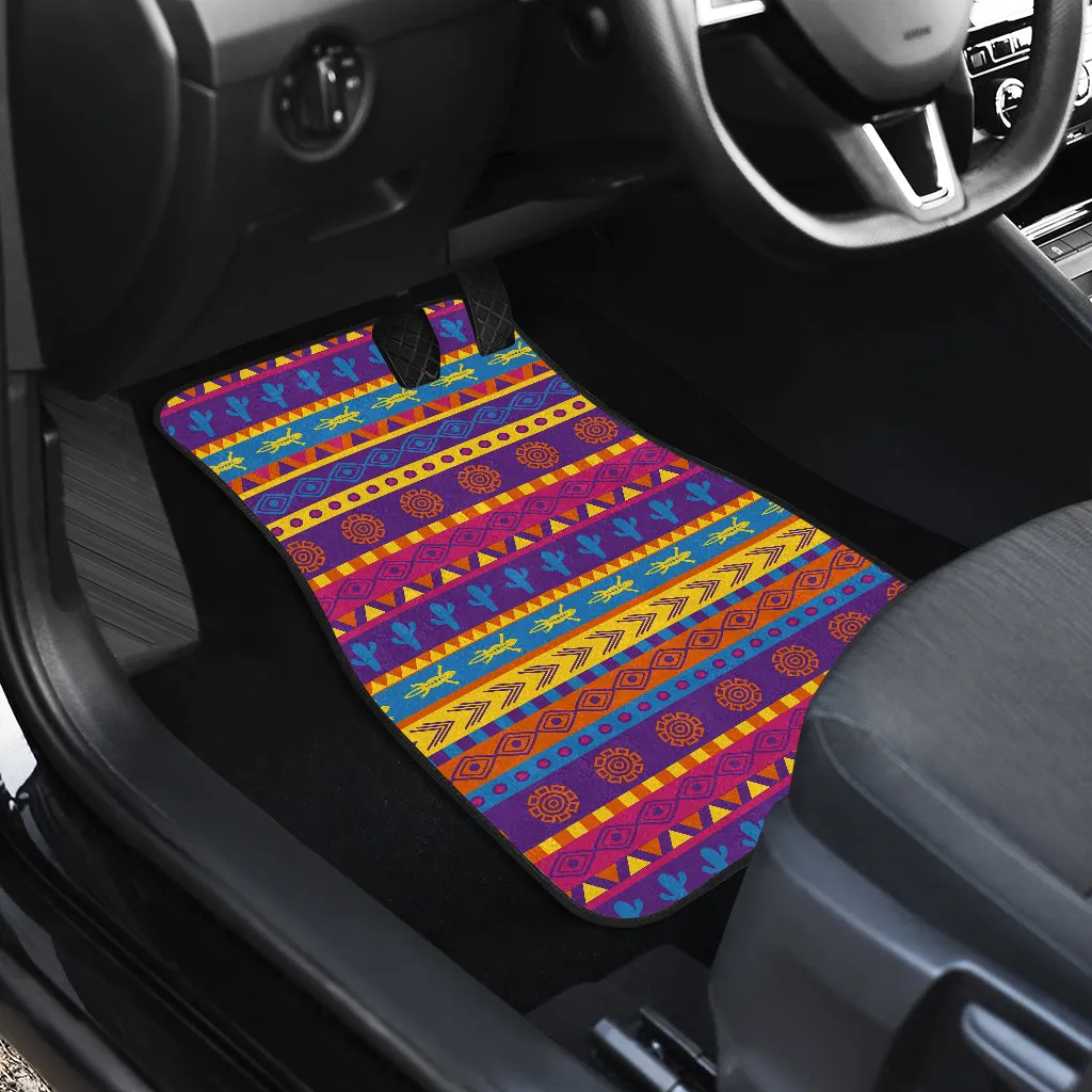 Set of 4 Floor Mats Colorful Mexican Southwestern Style Rainbow Pattern Cactus Lizards