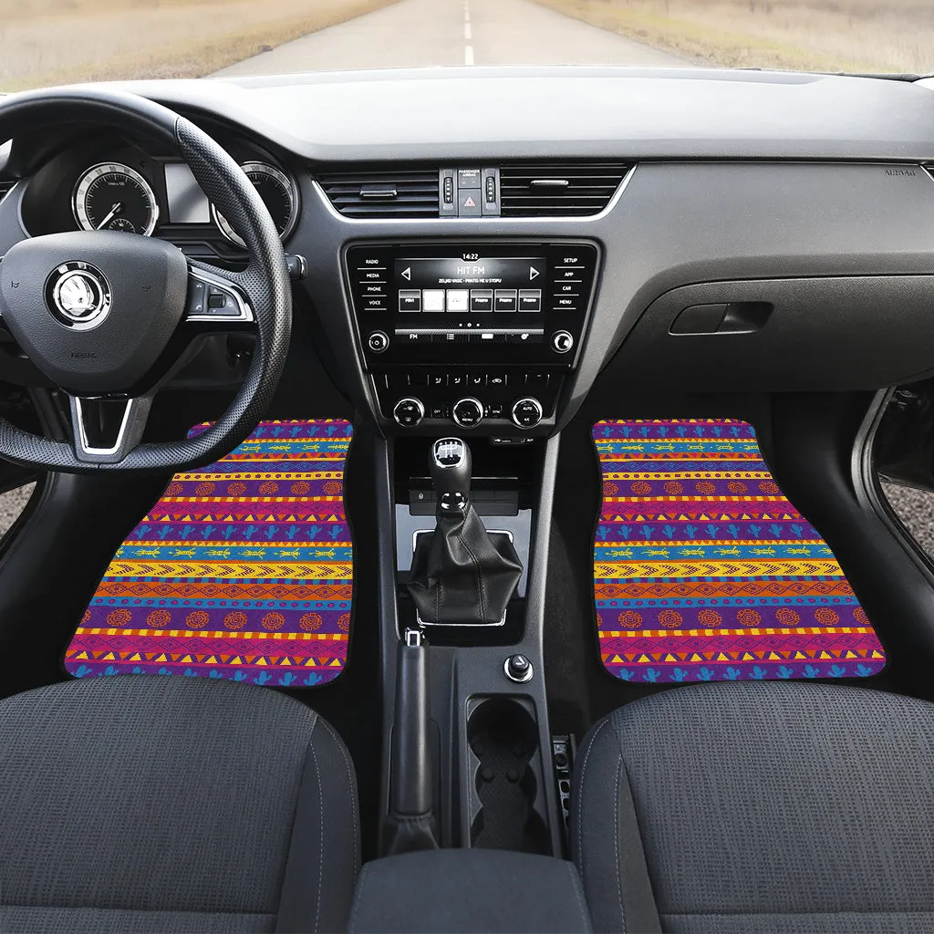Set of 4 Floor Mats Colorful Mexican Southwestern Style Rainbow Pattern Cactus Lizards