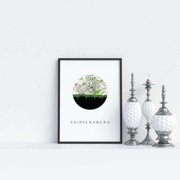 Shippensburg, Pennsylvania city skyline with vintage Shippensburg map