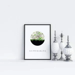 Shippensburg, Pennsylvania city skyline with vintage Shippensburg map