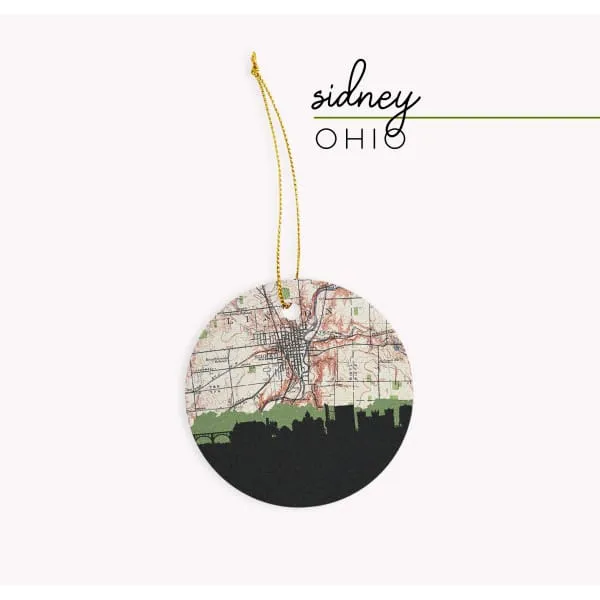 Sidney, Ohio city skyline with vintage Sidney map