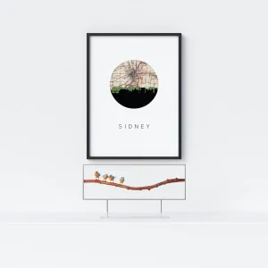 Sidney, Ohio city skyline with vintage Sidney map
