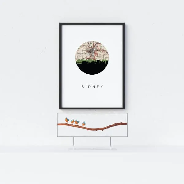 Sidney, Ohio city skyline with vintage Sidney map