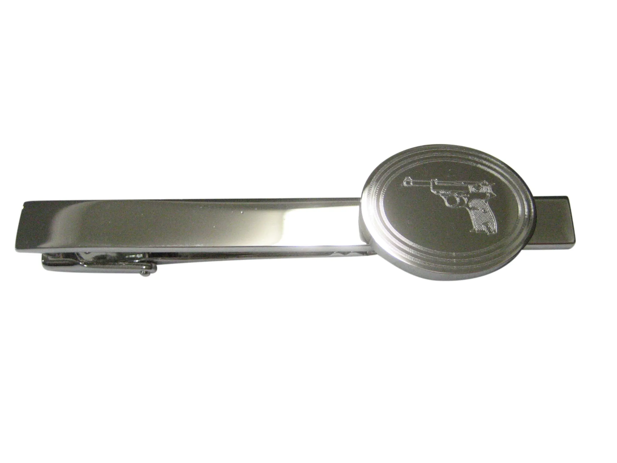 Silver Toned Etched Oval Retro Handgun Tie Clip