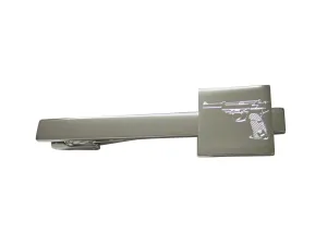 Silver Toned Etched Retro Handgun Square Tie Clip
