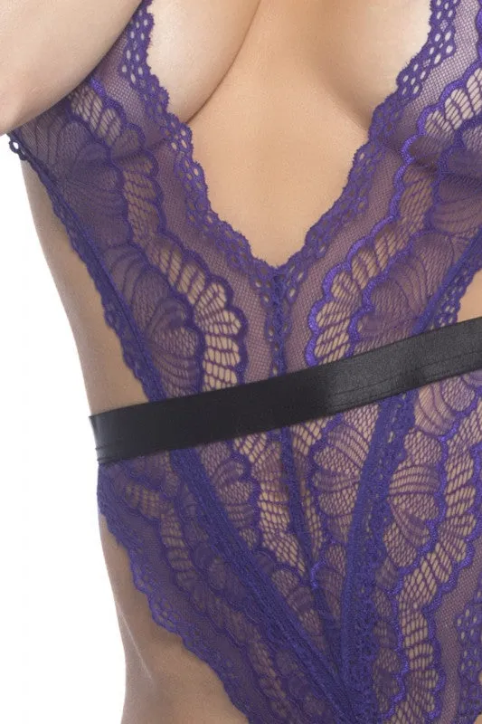 Soft Cup Teddy With Waistband and Thong Back - Purple/ Black - One Size