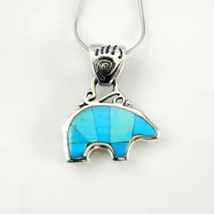 Sterling Silver Blue Turquoise Inlay Bear Pendant