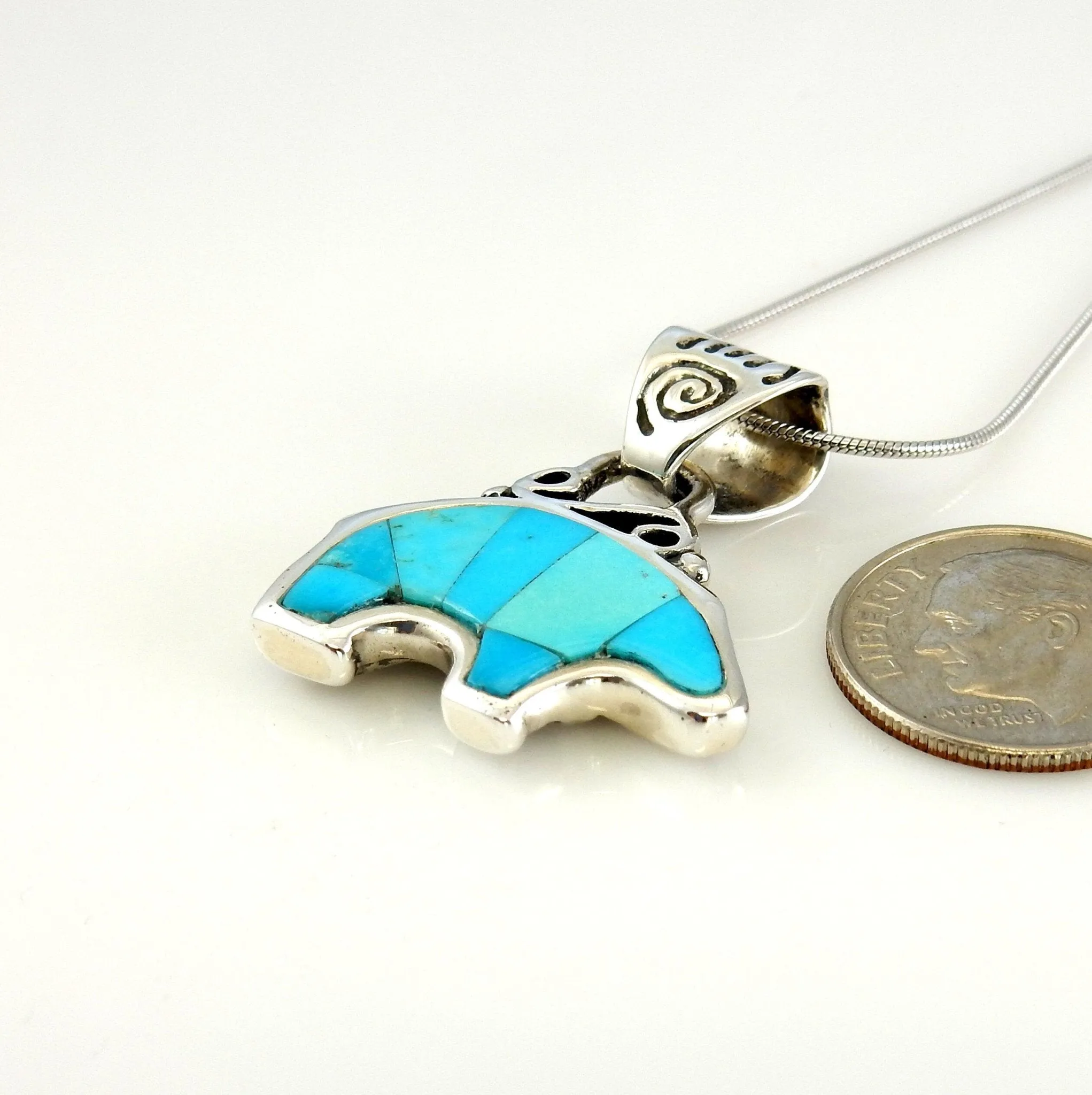 Sterling Silver Blue Turquoise Inlay Bear Pendant