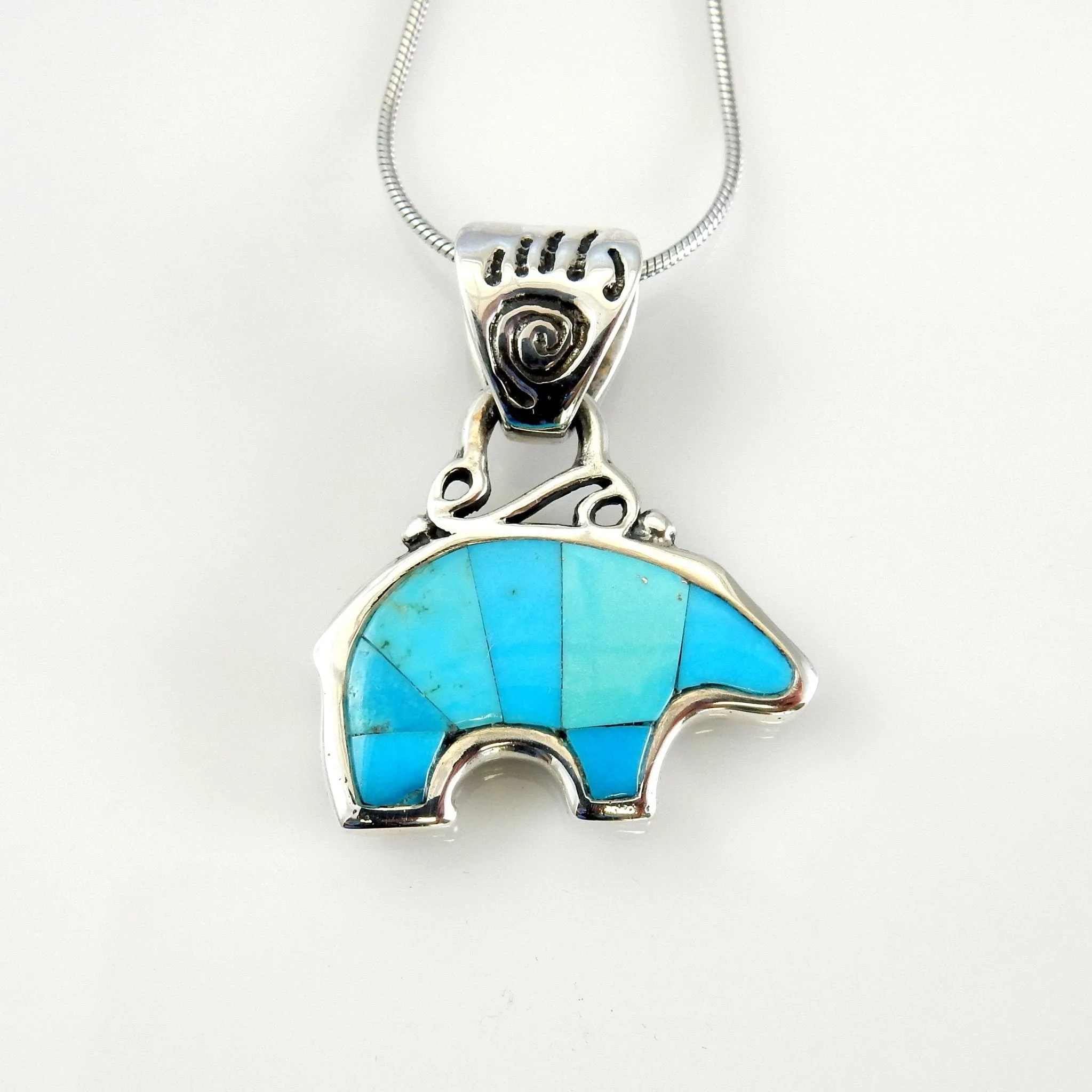 Sterling Silver Blue Turquoise Inlay Bear Pendant
