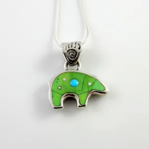 Sterling Silver Green Turquoise Inlay Bear Pendant
