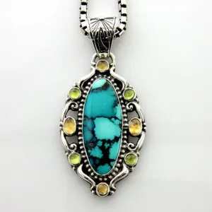 Sterling Silver Tibetan Turquoise Peridot Citrine Pendant