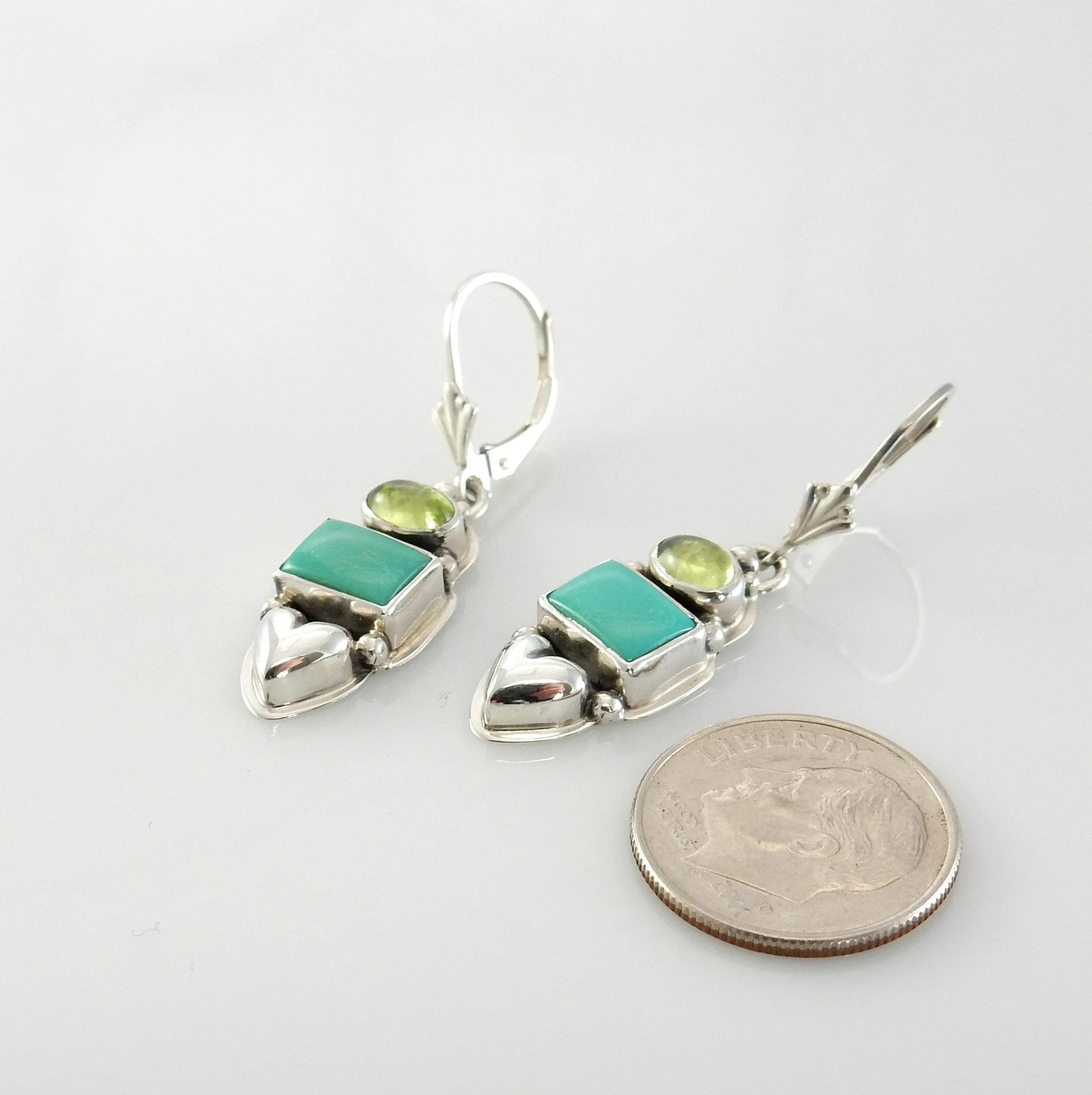 Sterling Silver Turquoise Peridot Heart Dangle earrings