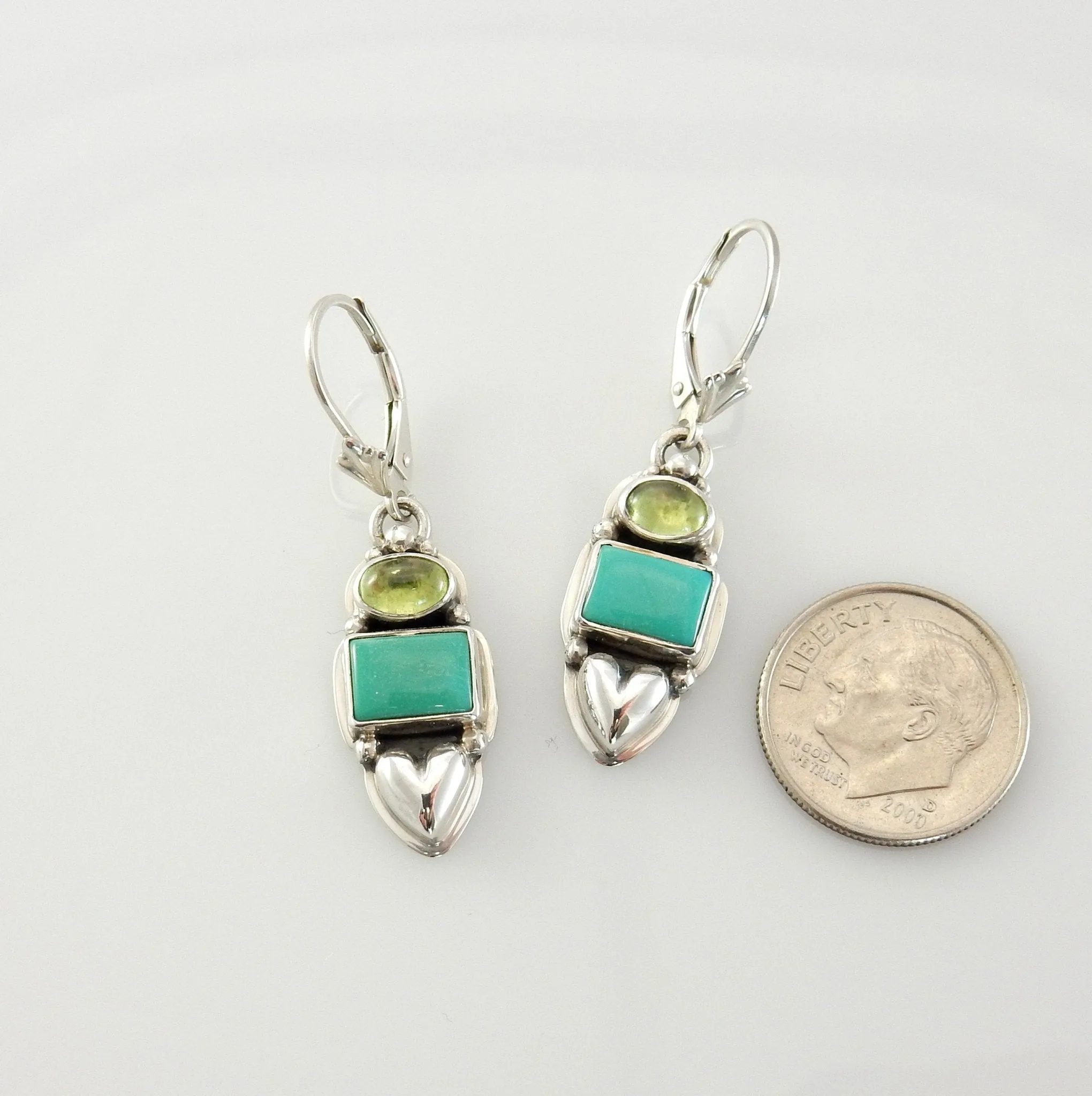 Sterling Silver Turquoise Peridot Heart Dangle earrings
